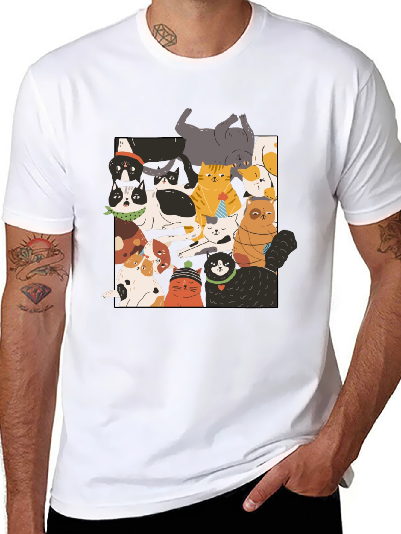 Fun Cats Pattern Black T-Shirt
