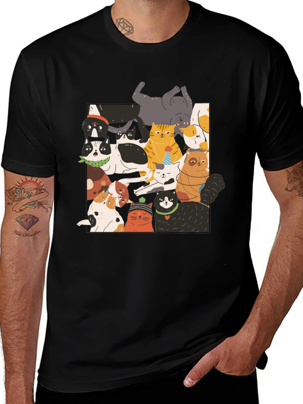 Fun Cats Pattern Black T-Shirt