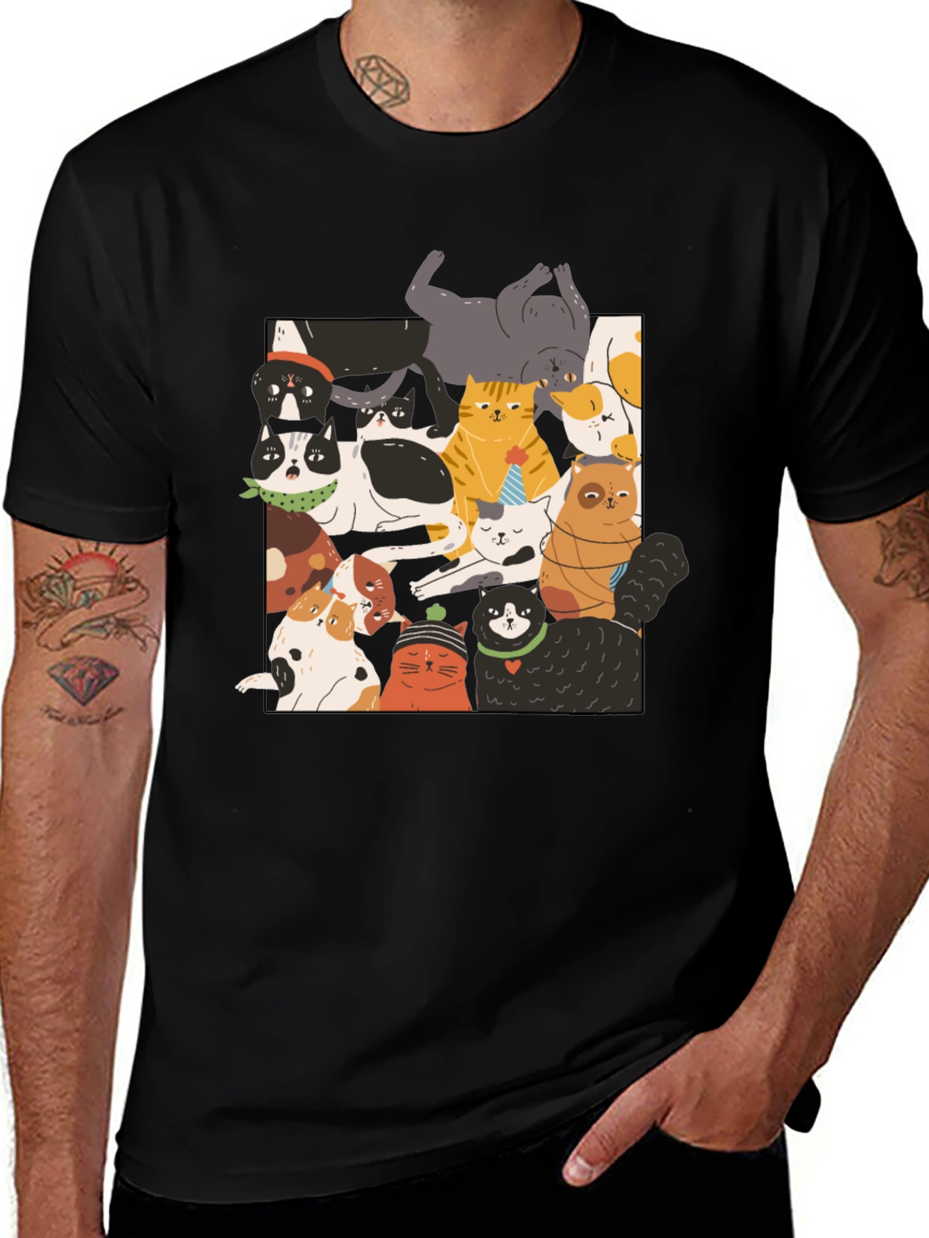 Fun Cats Pattern Black T-Shirt
