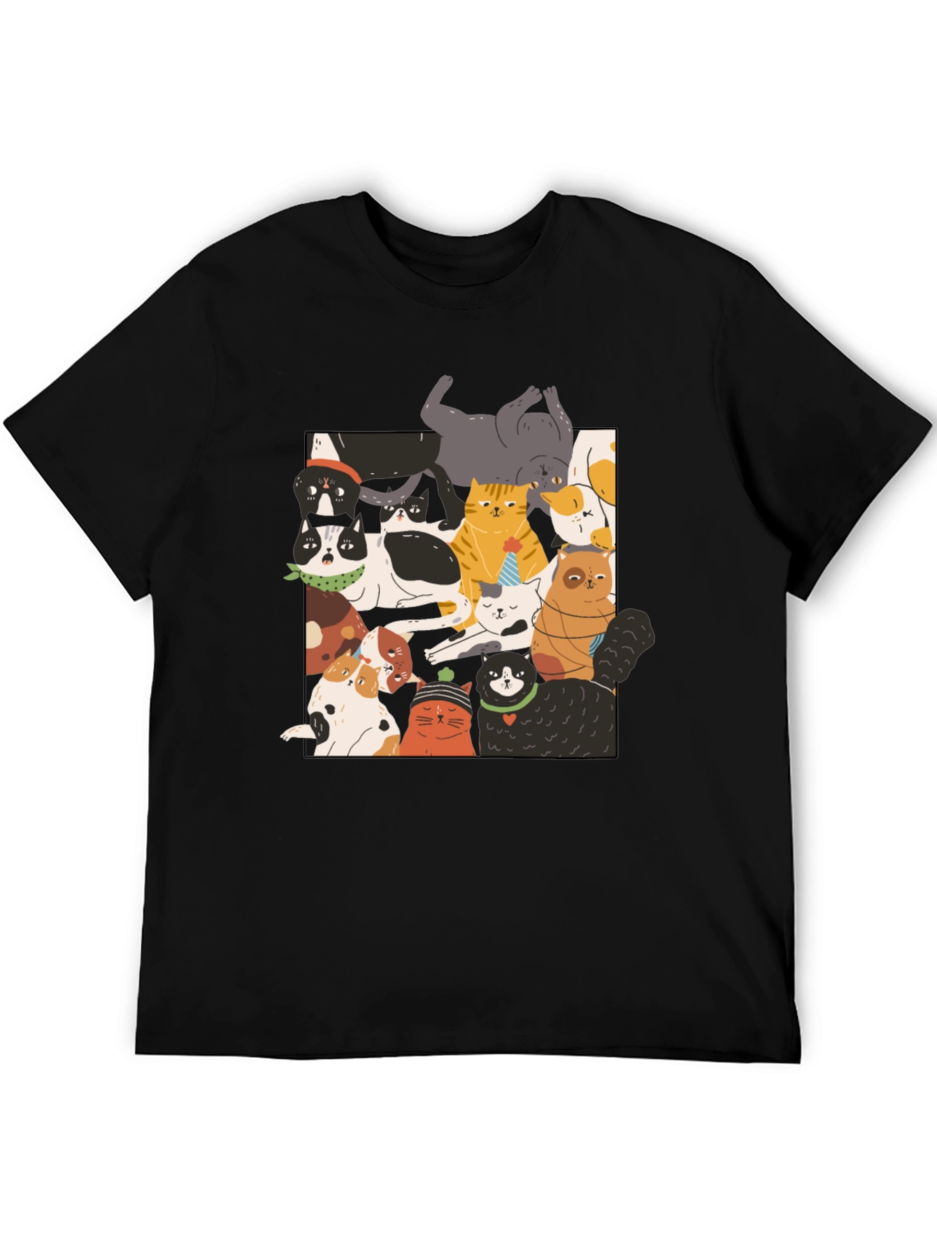 Fun Cats Pattern Black T-Shirt