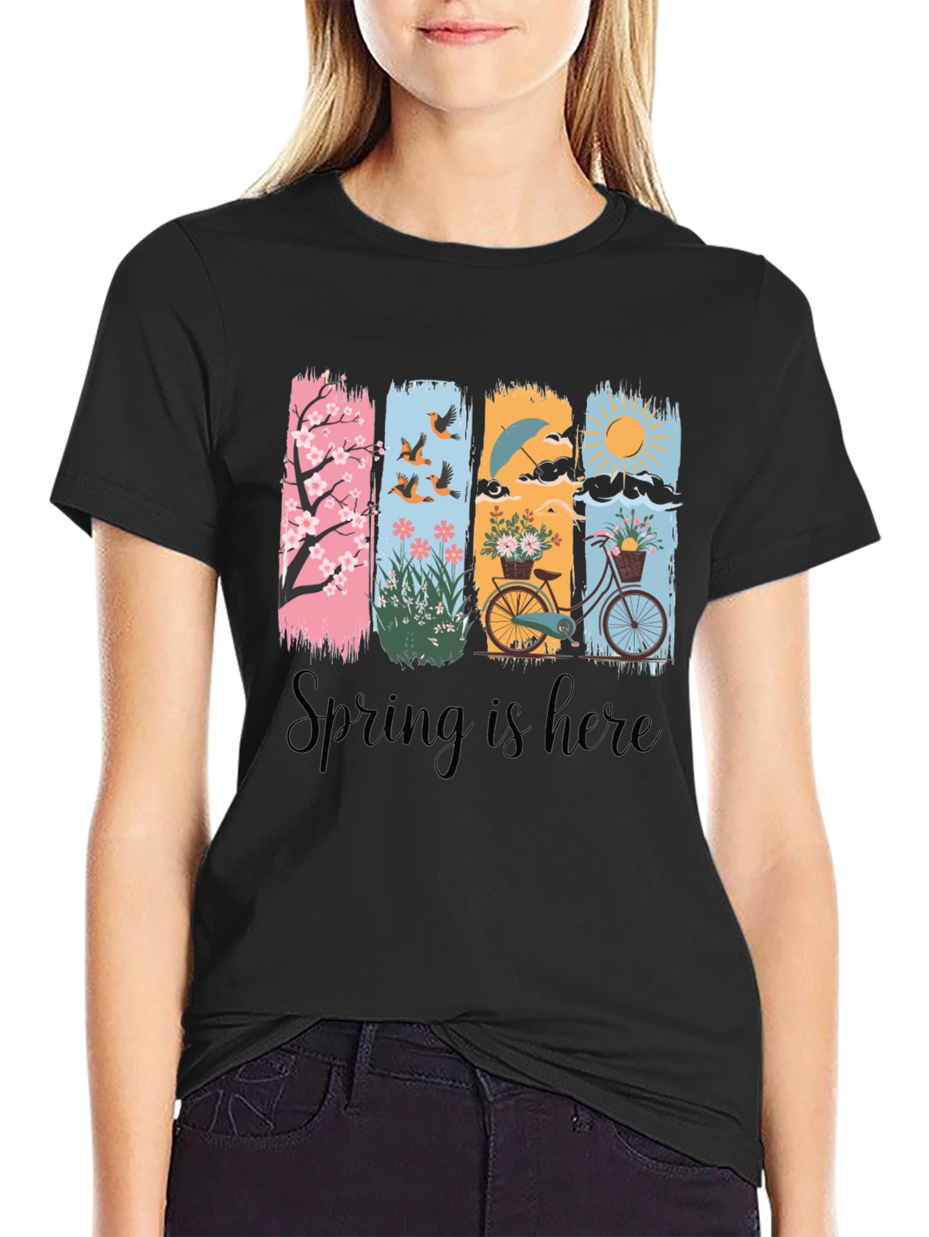 Spring is Here T-Shirt: Floral & Bicycle Graphic Tee