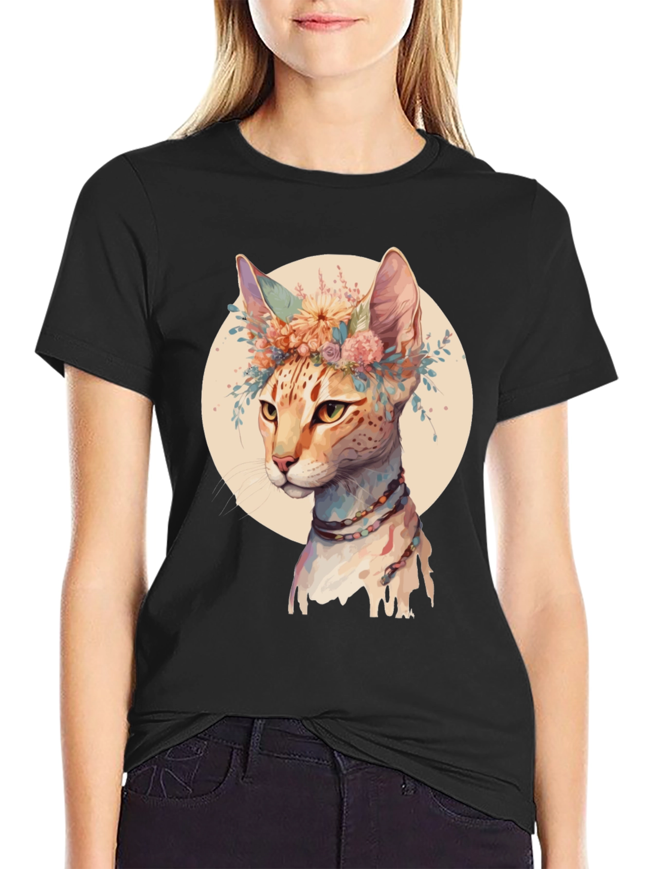 Boho Cat T-Shirt - Floral Crown Design