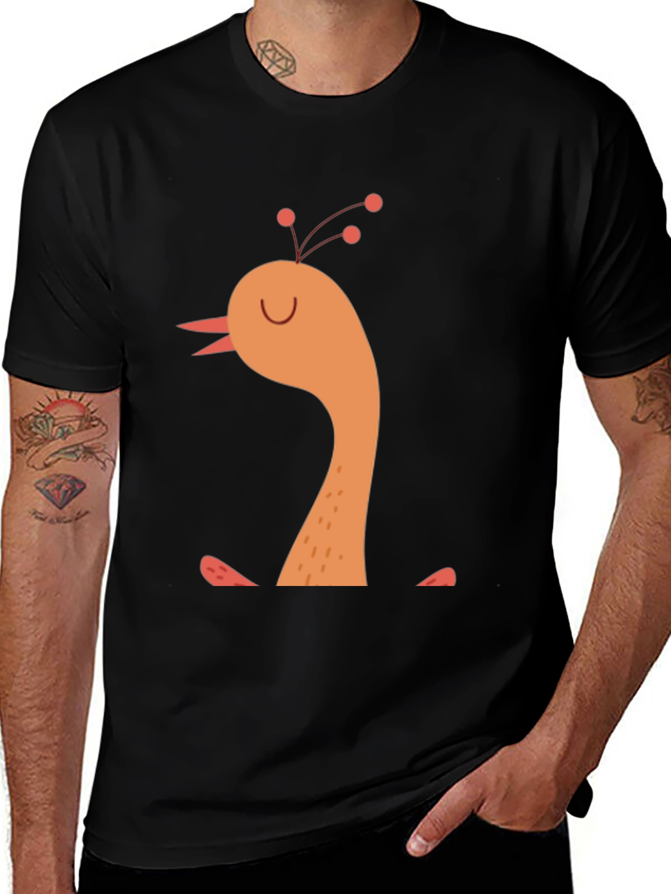 Whimsical Bird Graphic Tee -  Mens Black T-Shirt