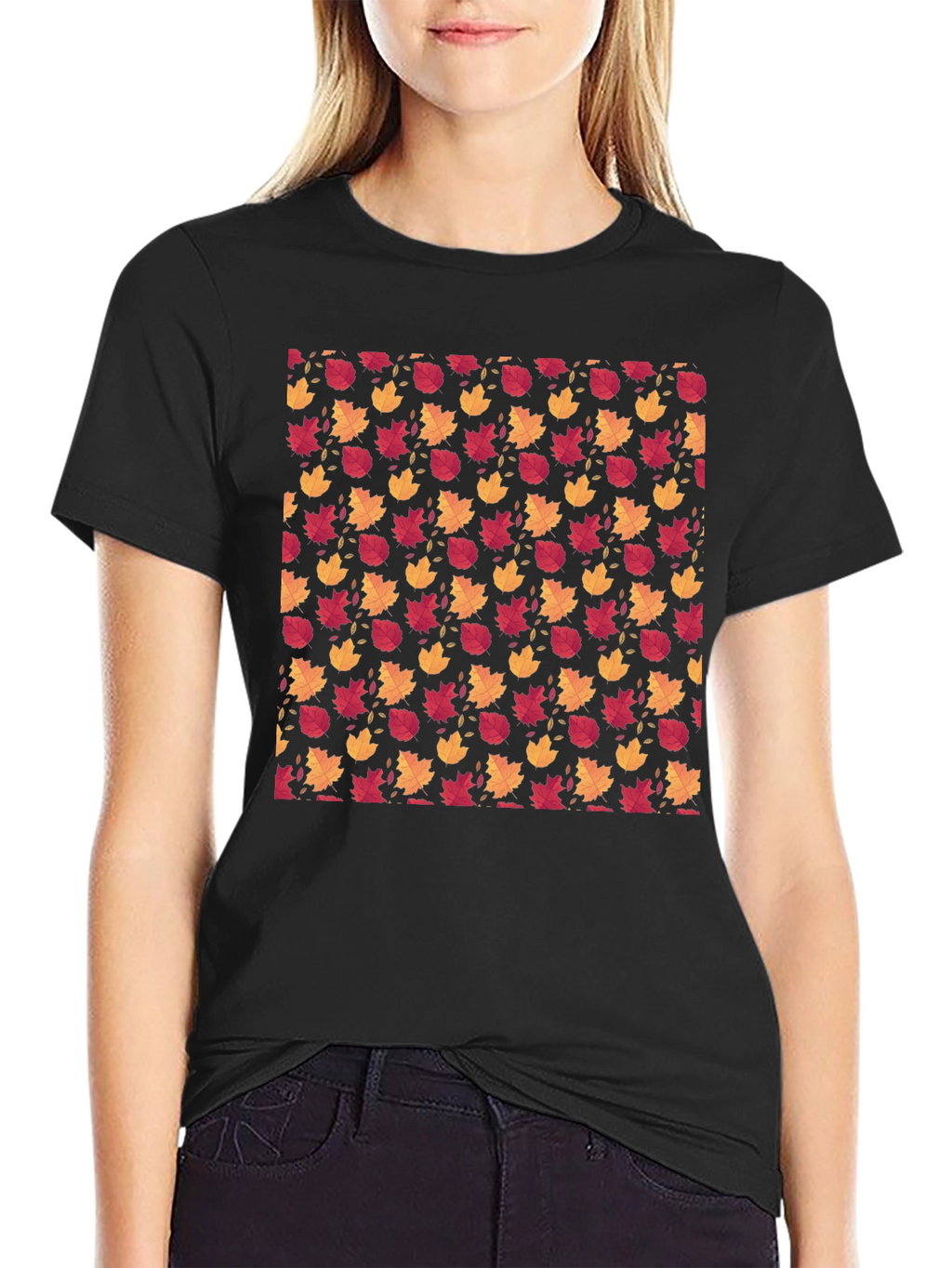 Autumn Leaves Pattern Black T-Shirt