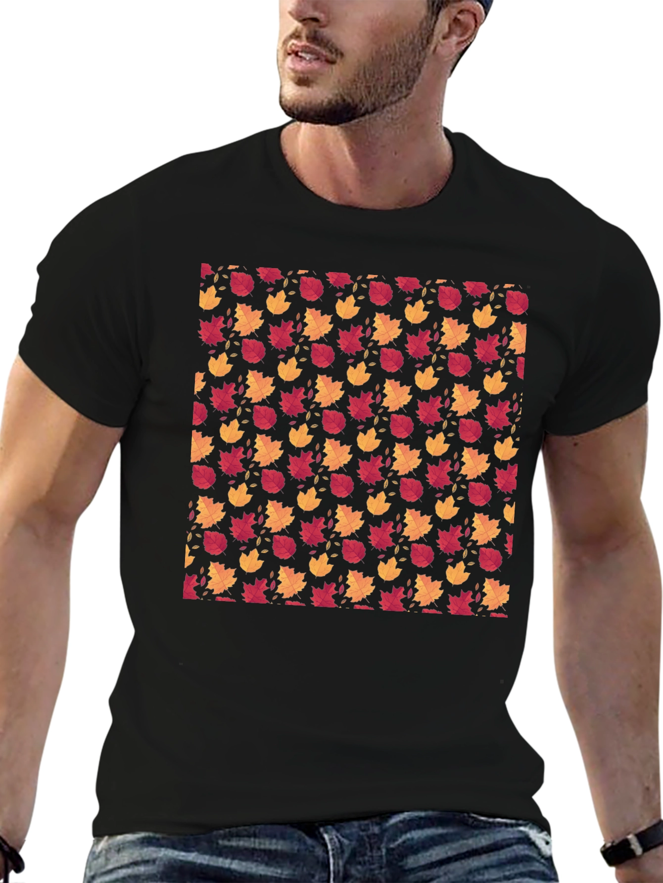 Autumn Leaves Pattern Black T-Shirt