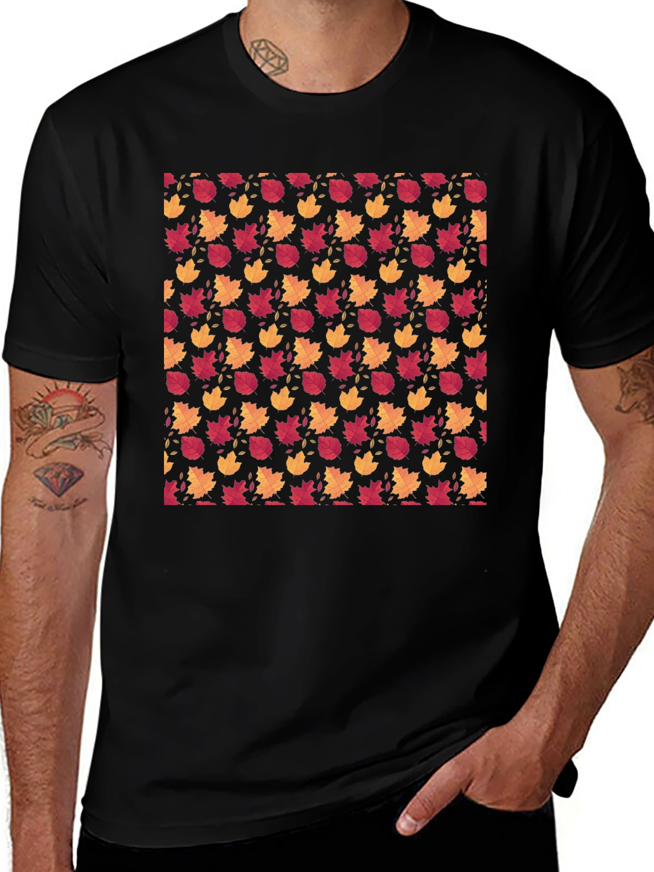 Autumn Leaves Pattern Black T-Shirt