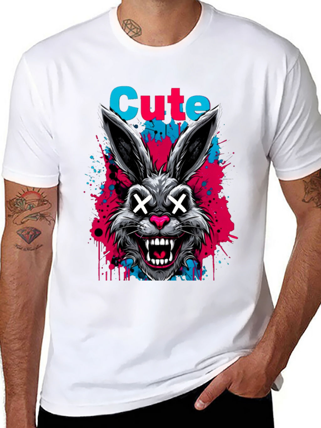 Cute Scary Rabbit Graphic Black T-Shirt