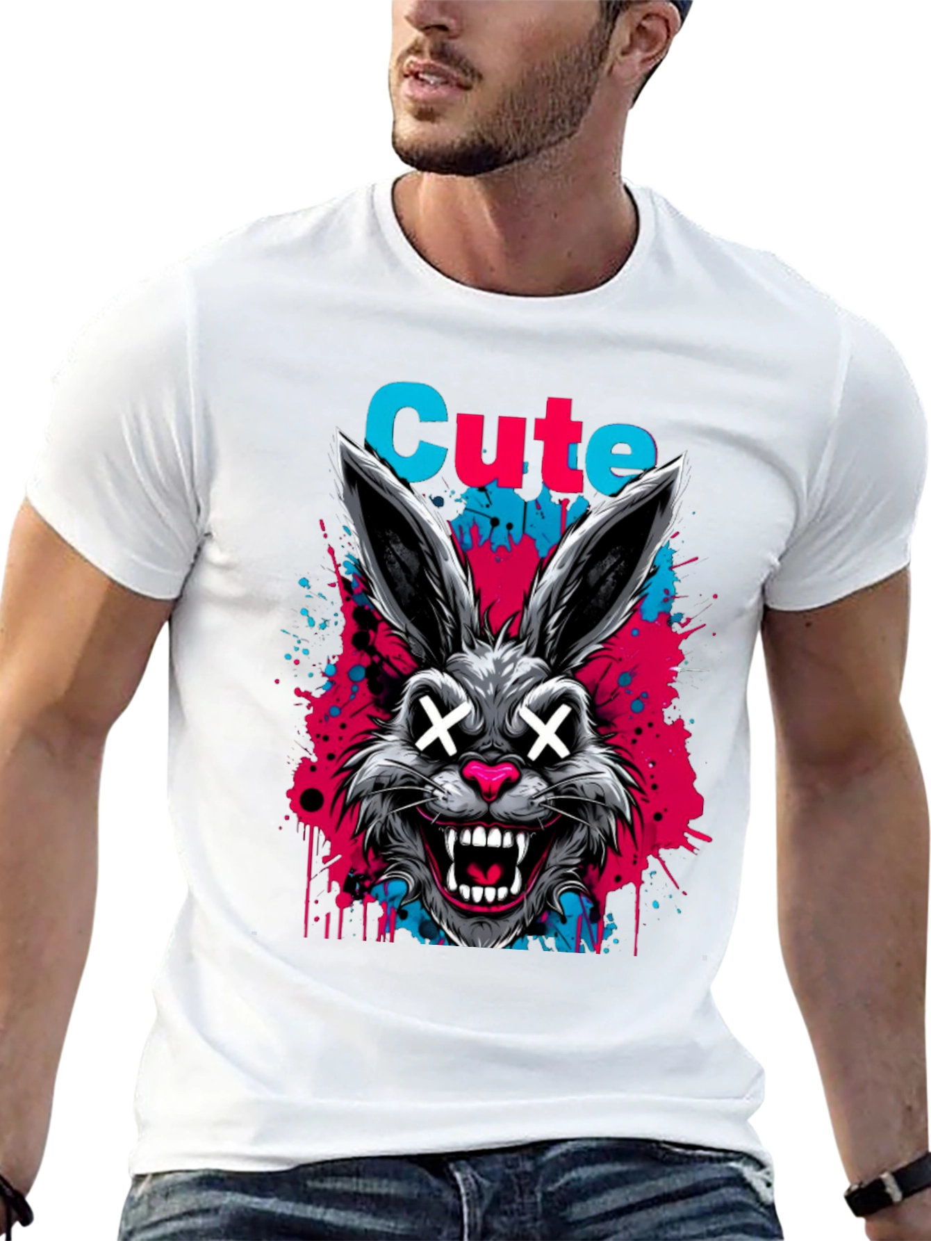 Cute Scary Rabbit Graphic Black T-Shirt
