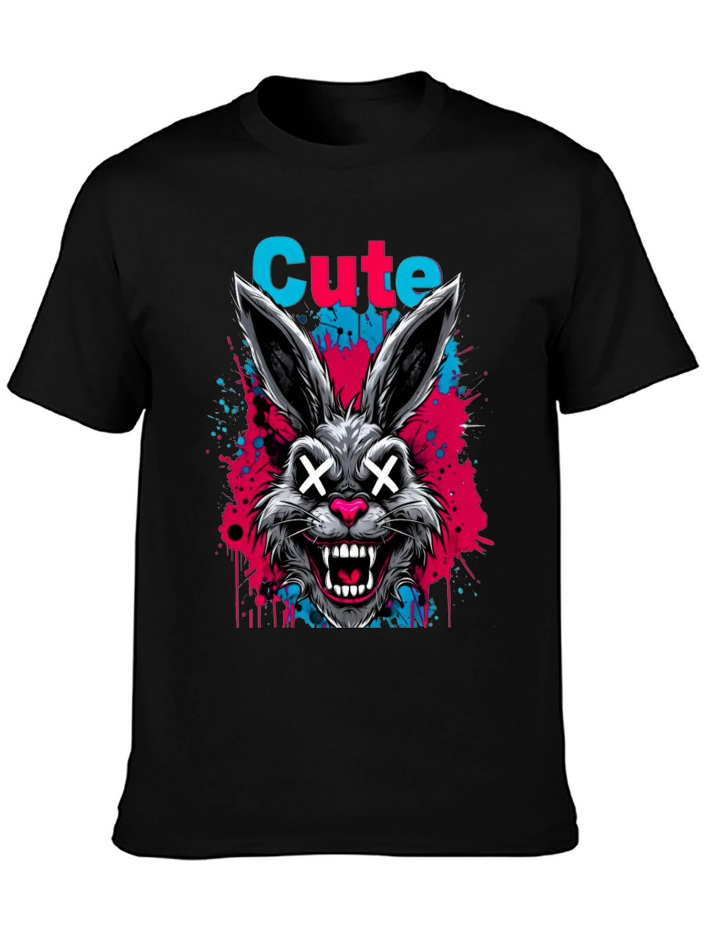 Cute Scary Rabbit Graphic Black T-Shirt