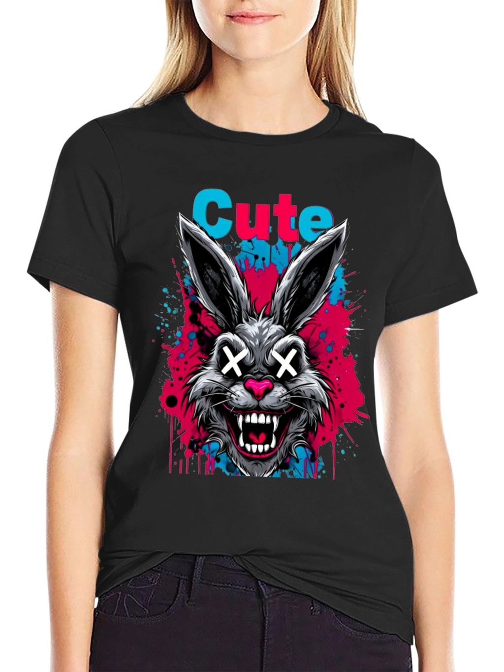 Cute Scary Rabbit Graphic Black T-Shirt