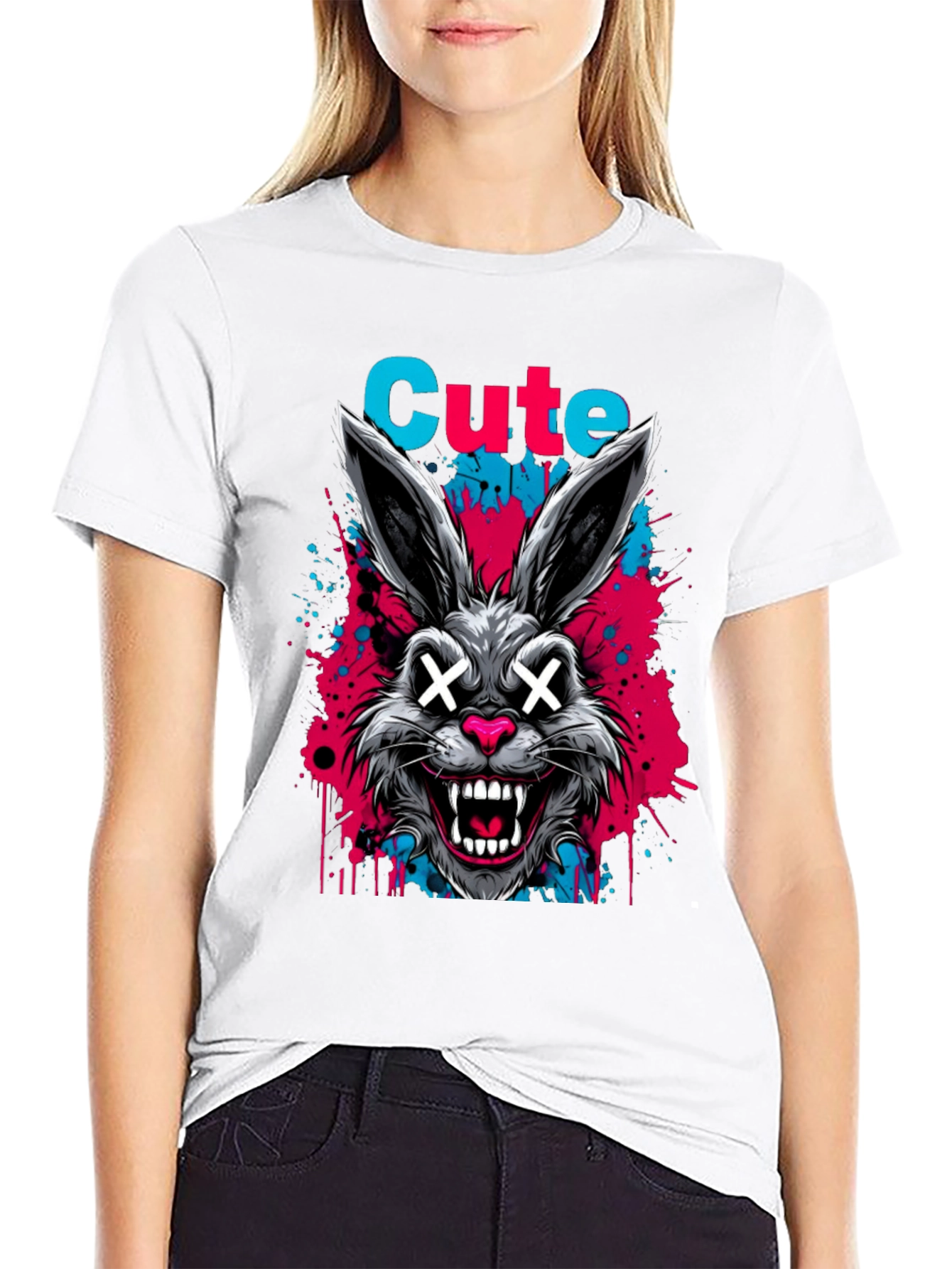 Cute Scary Rabbit Graphic Black T-Shirt