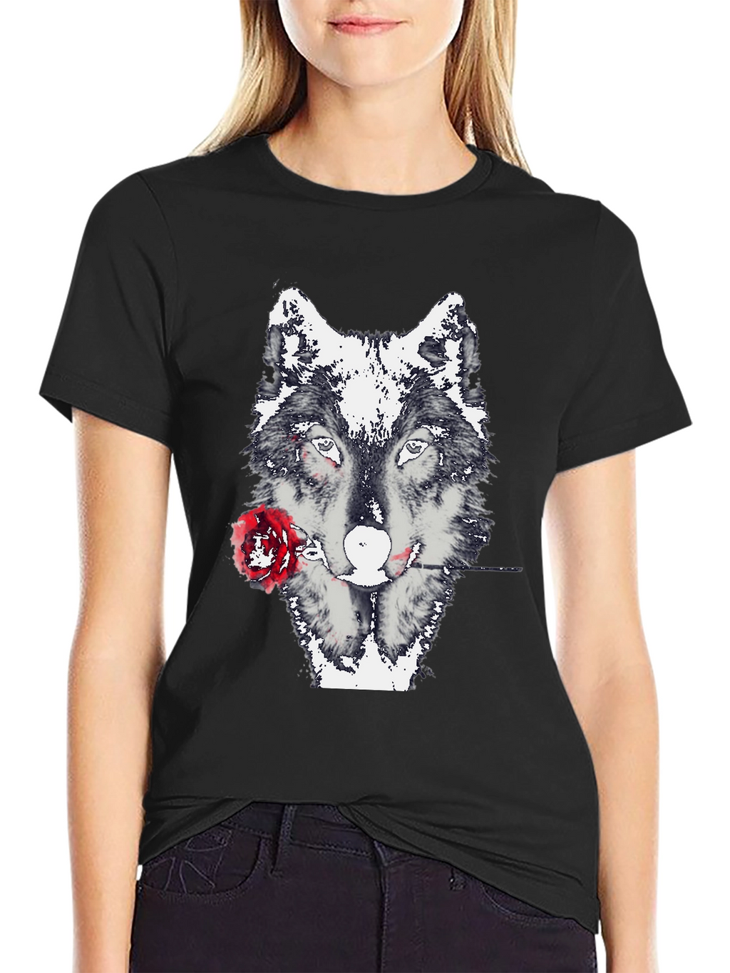 Wolf and Rose Graphic Tee - Black Casual T-Shirt