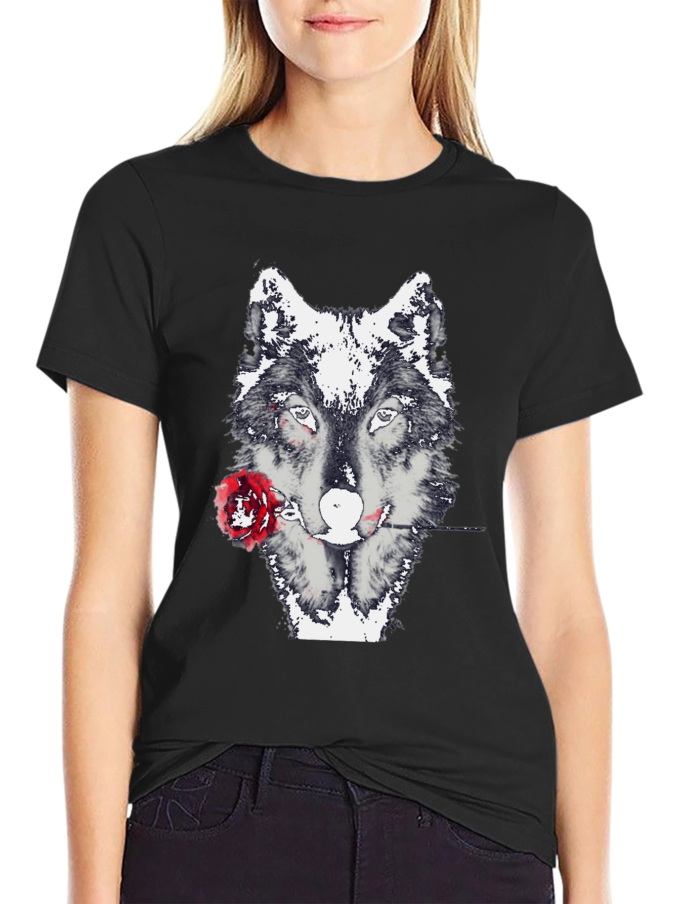 Wolf and Rose Graphic Tee - Black Casual T-Shirt