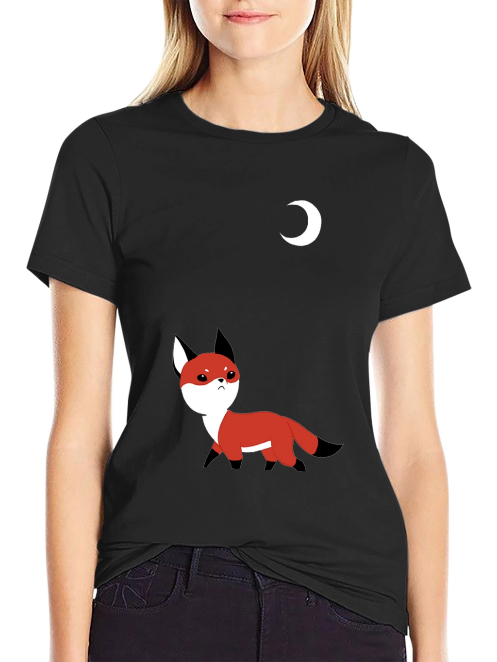 Cute Fox & Moon Graphic T-Shirt - Black
