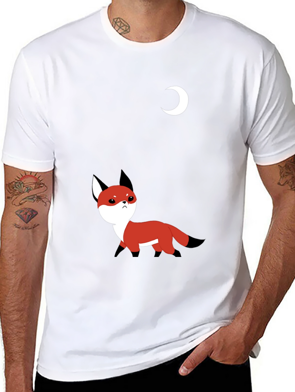Cute Fox & Moon Graphic T-Shirt - Black