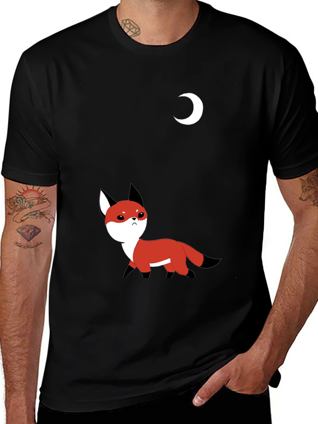 Cute Fox & Moon Graphic T-Shirt - Black