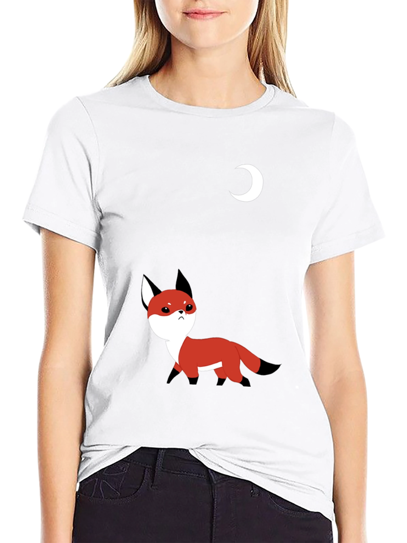 Cute Fox & Moon Graphic T-Shirt - Black