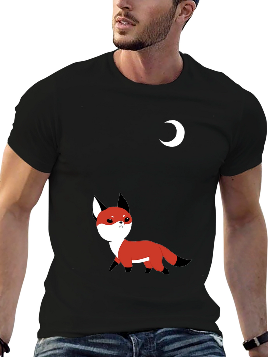 Cute Fox & Moon Graphic T-Shirt - Black