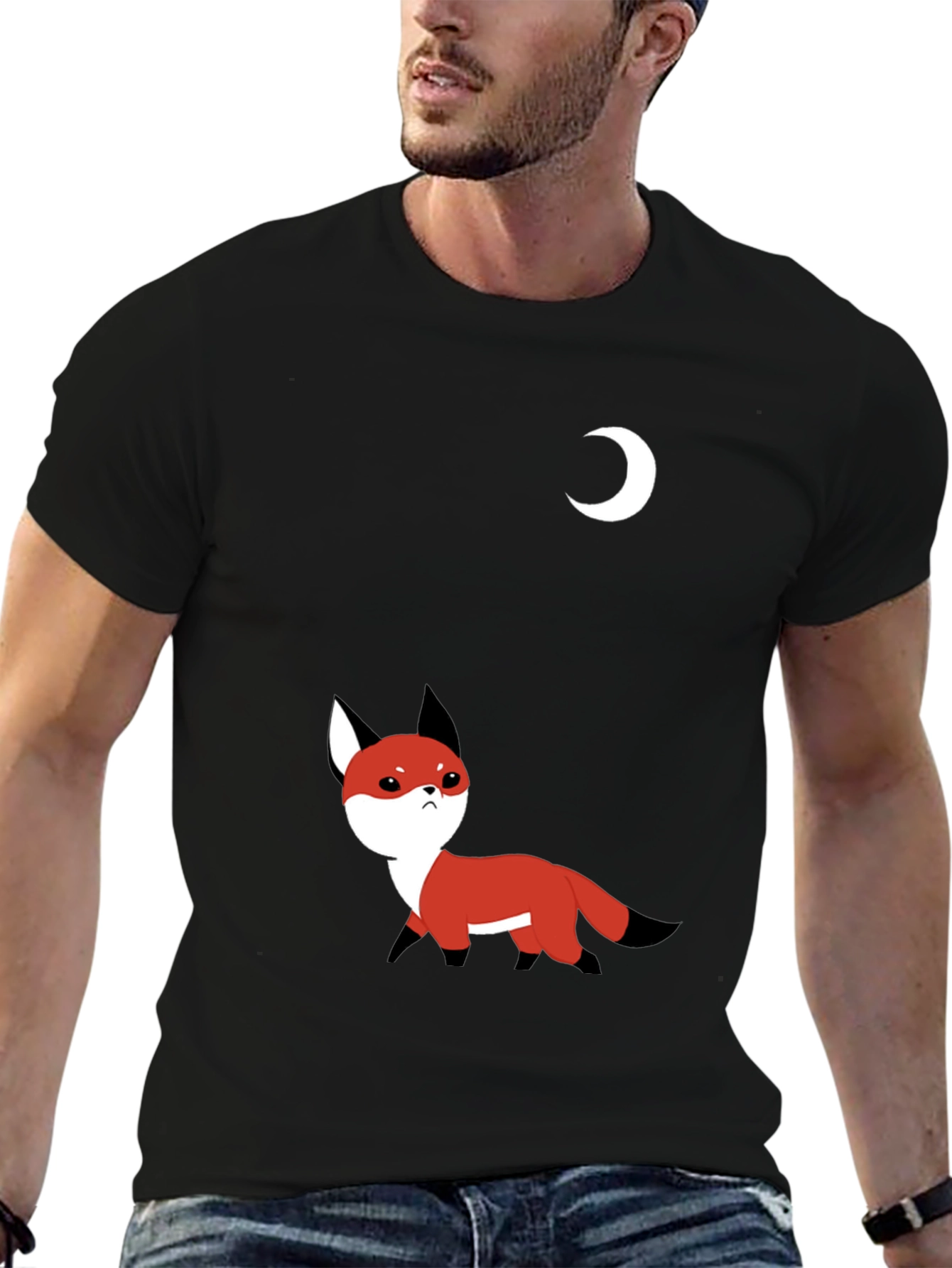 Cute Fox & Moon Graphic T-Shirt - Black
