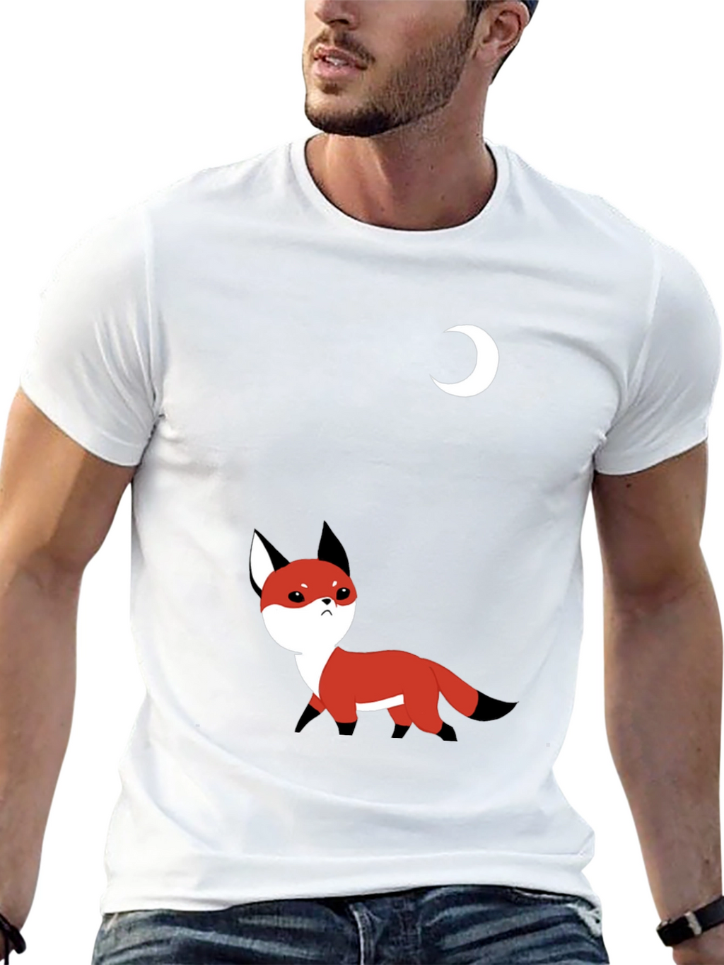 Cute Fox & Moon Graphic T-Shirt - Black