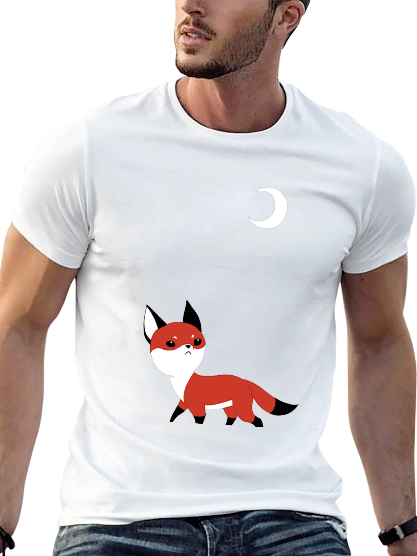 Cute Fox & Moon Graphic T-Shirt - Black