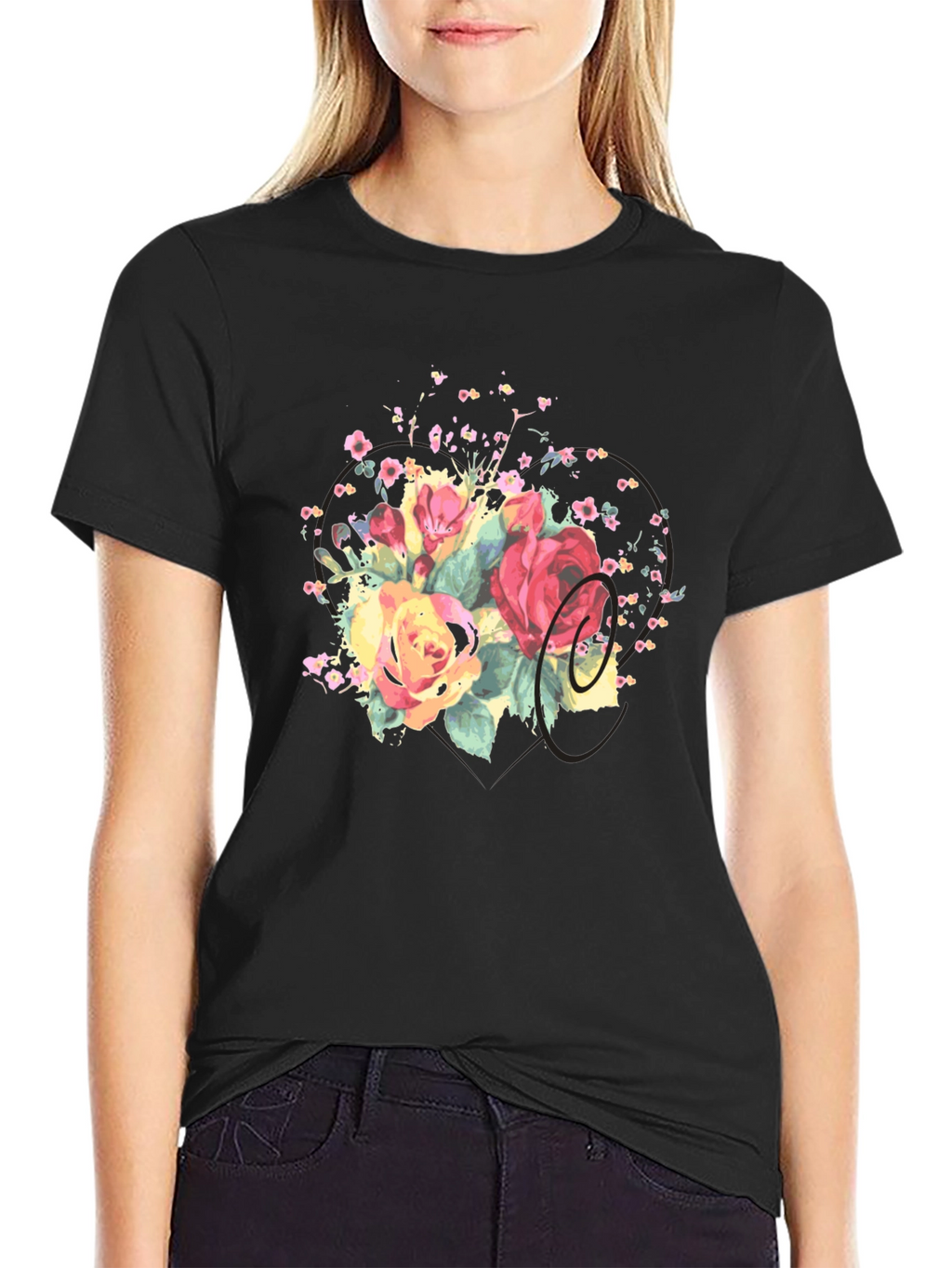 Floral Bouquet Graphic Tee - Stylish Black T-Shirt