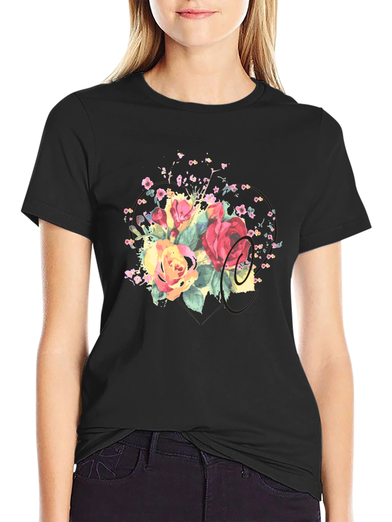 Floral Bouquet Graphic Tee - Stylish Black T-Shirt