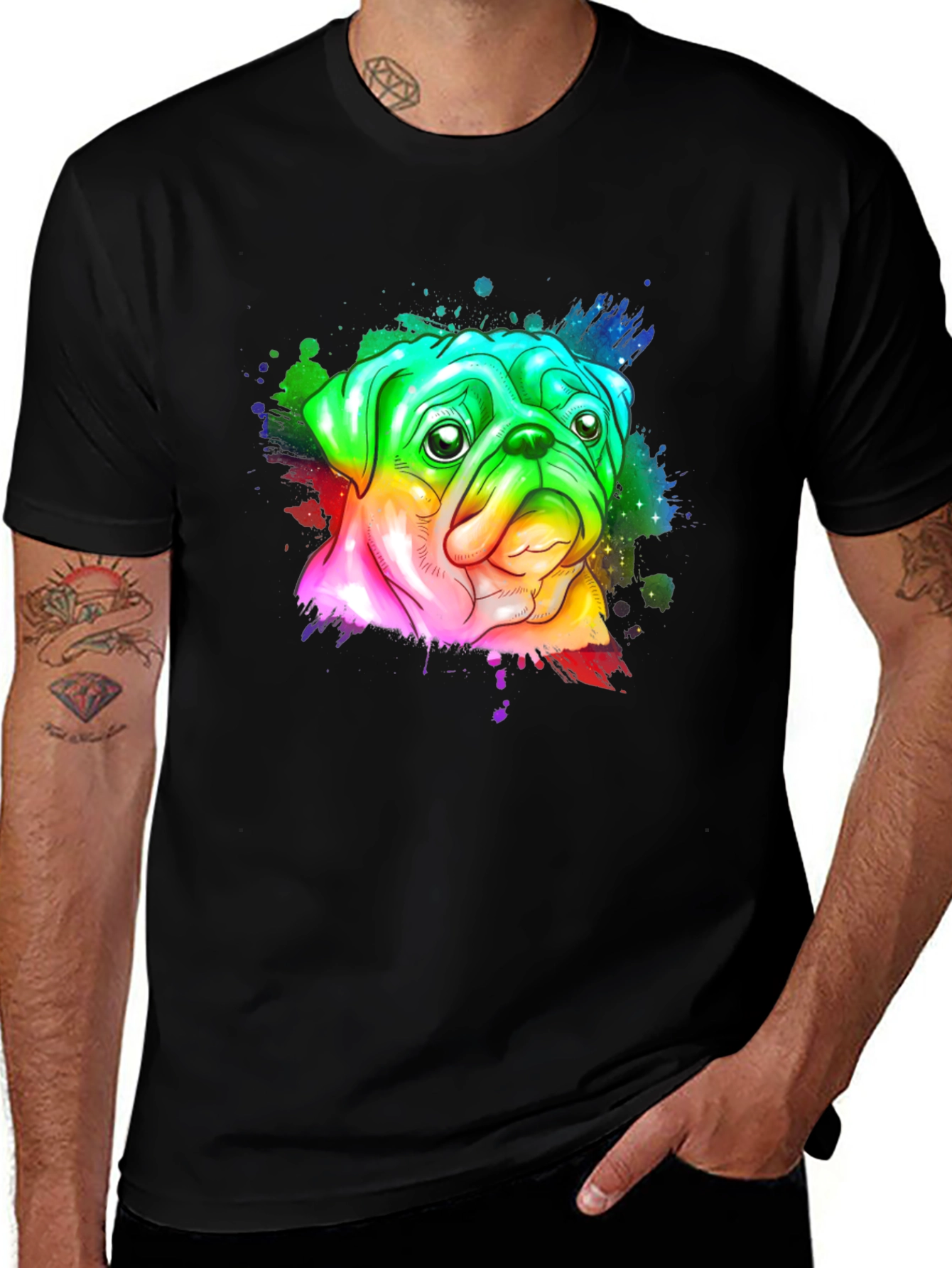 Rainbow Pug Graphic Tee - Mens Black T-Shirt