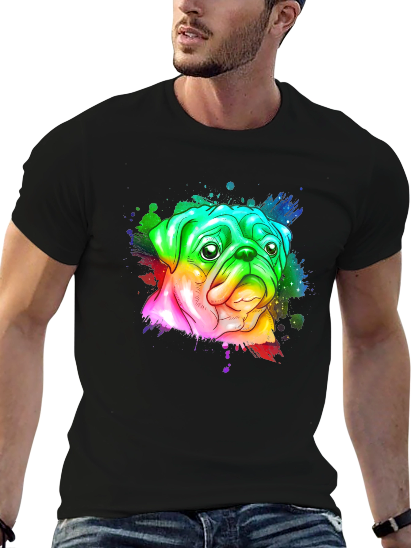 Rainbow Pug Graphic Tee - Mens Black T-Shirt