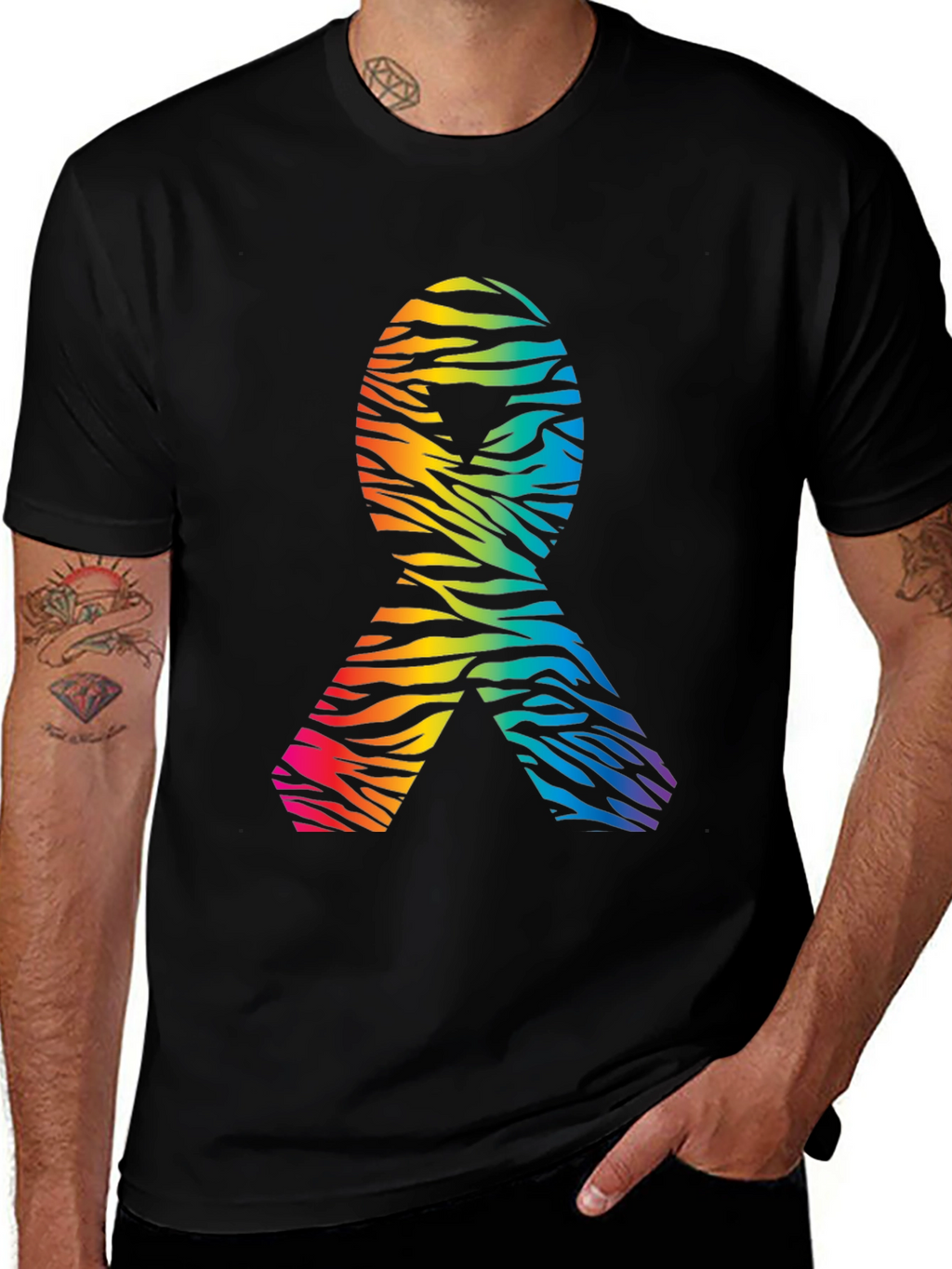 Rainbow Zebra Awareness Ribbon Black T-Shirt