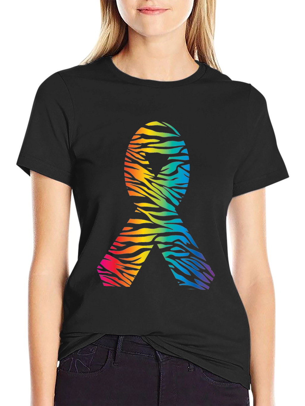 Rainbow Zebra Awareness Ribbon Black T-Shirt