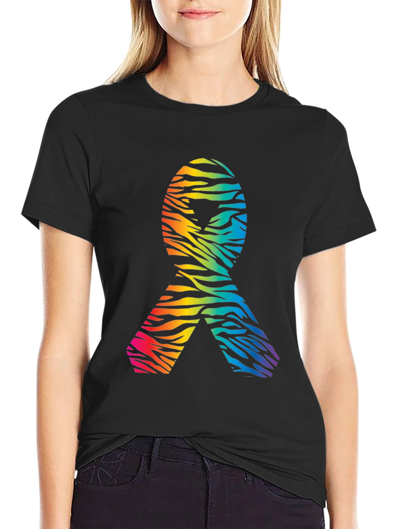 Rainbow Zebra Awareness Ribbon Black T-Shirt