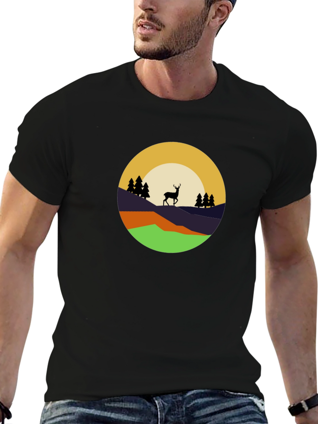 Nature Deer Graphic Tee - Black