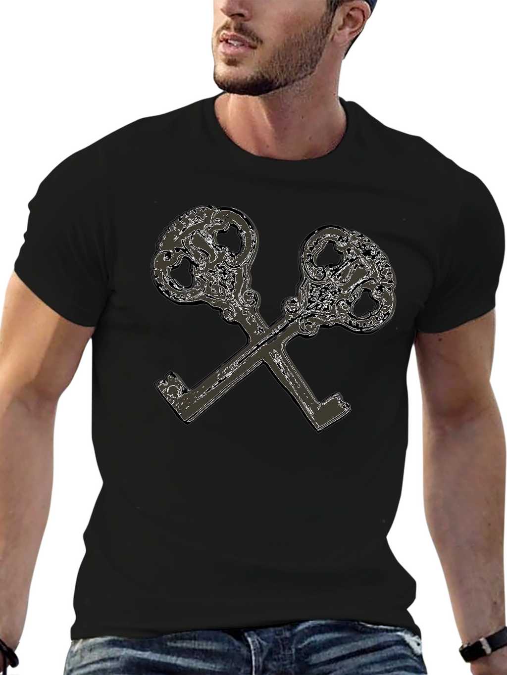 Crossed Keys Graphic Print Black T-Shirt