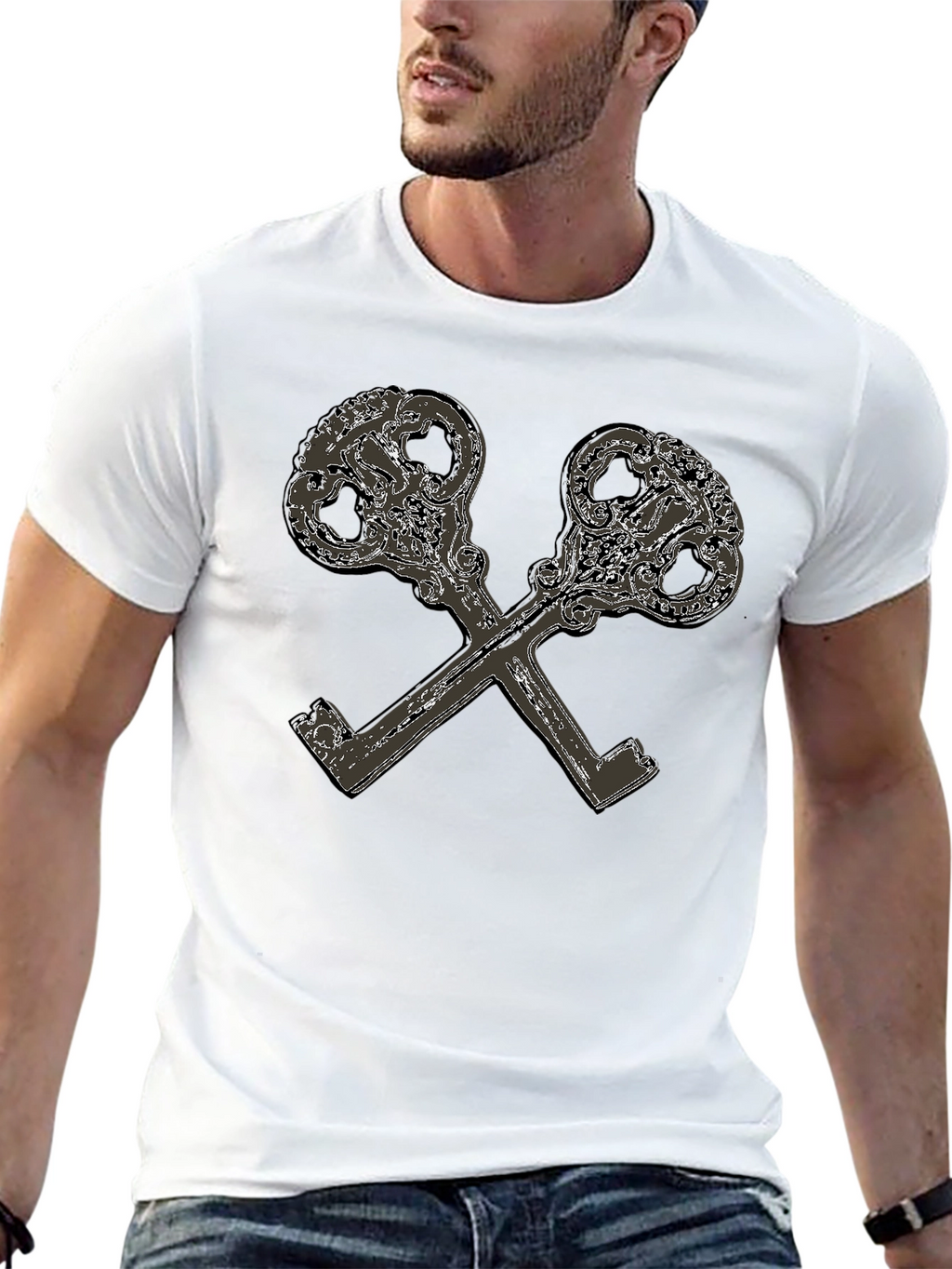 Crossed Keys Graphic Print Black T-Shirt