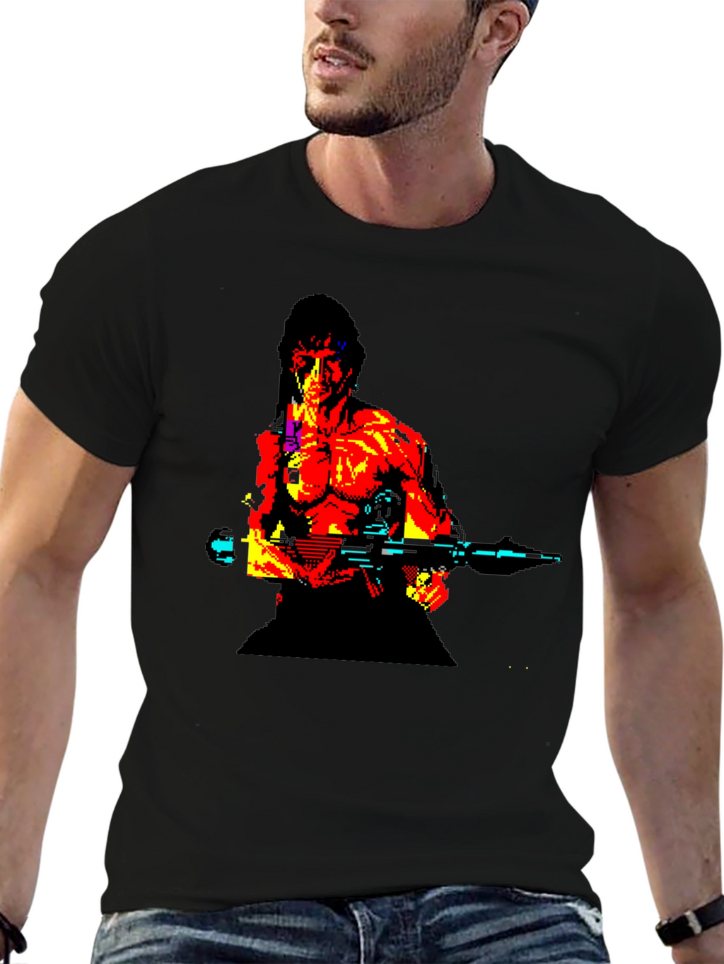 Retro Rambo Pixel Art T-Shirt - Black