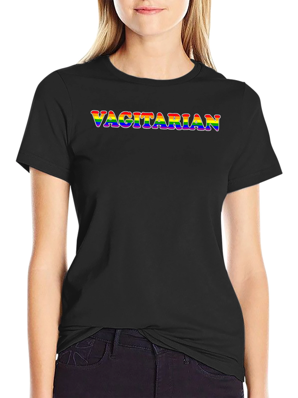 Vagitarian Rainbow Text Black T-Shirt