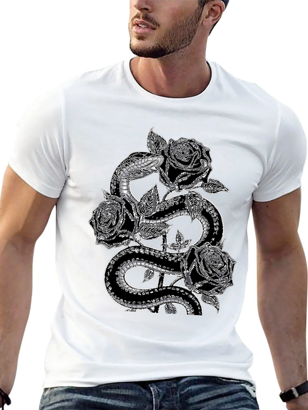 Snake & Roses Graphic Tee - Stylish Black T-Shirt