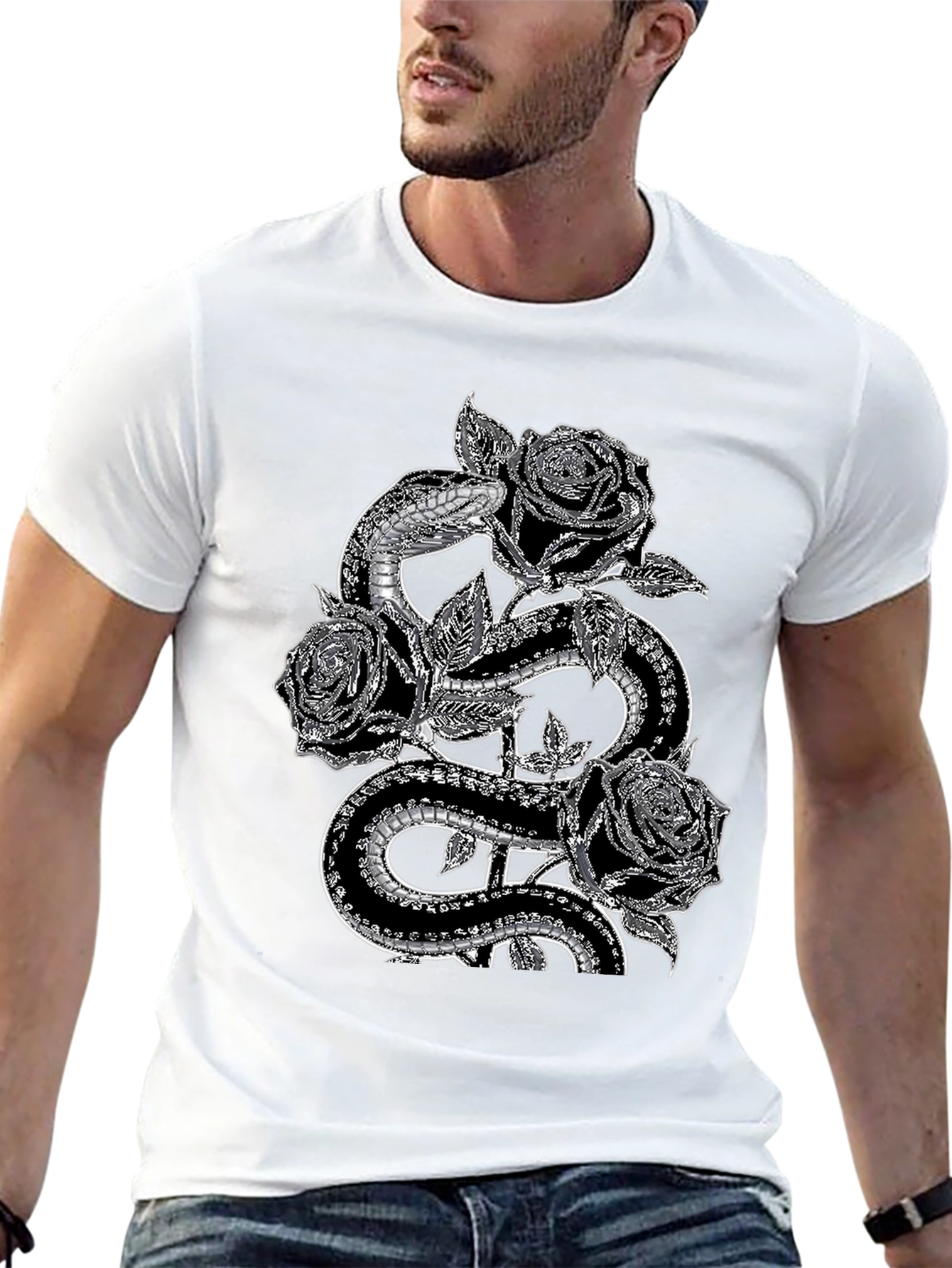 Snake & Roses Graphic Tee - Stylish Black T-Shirt