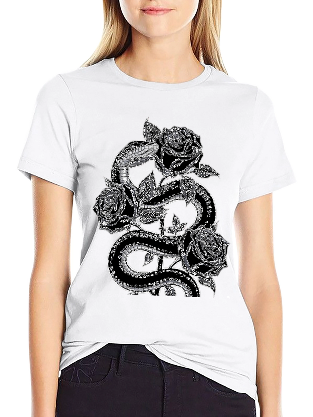 Snake & Roses Graphic Tee - Stylish Black T-Shirt