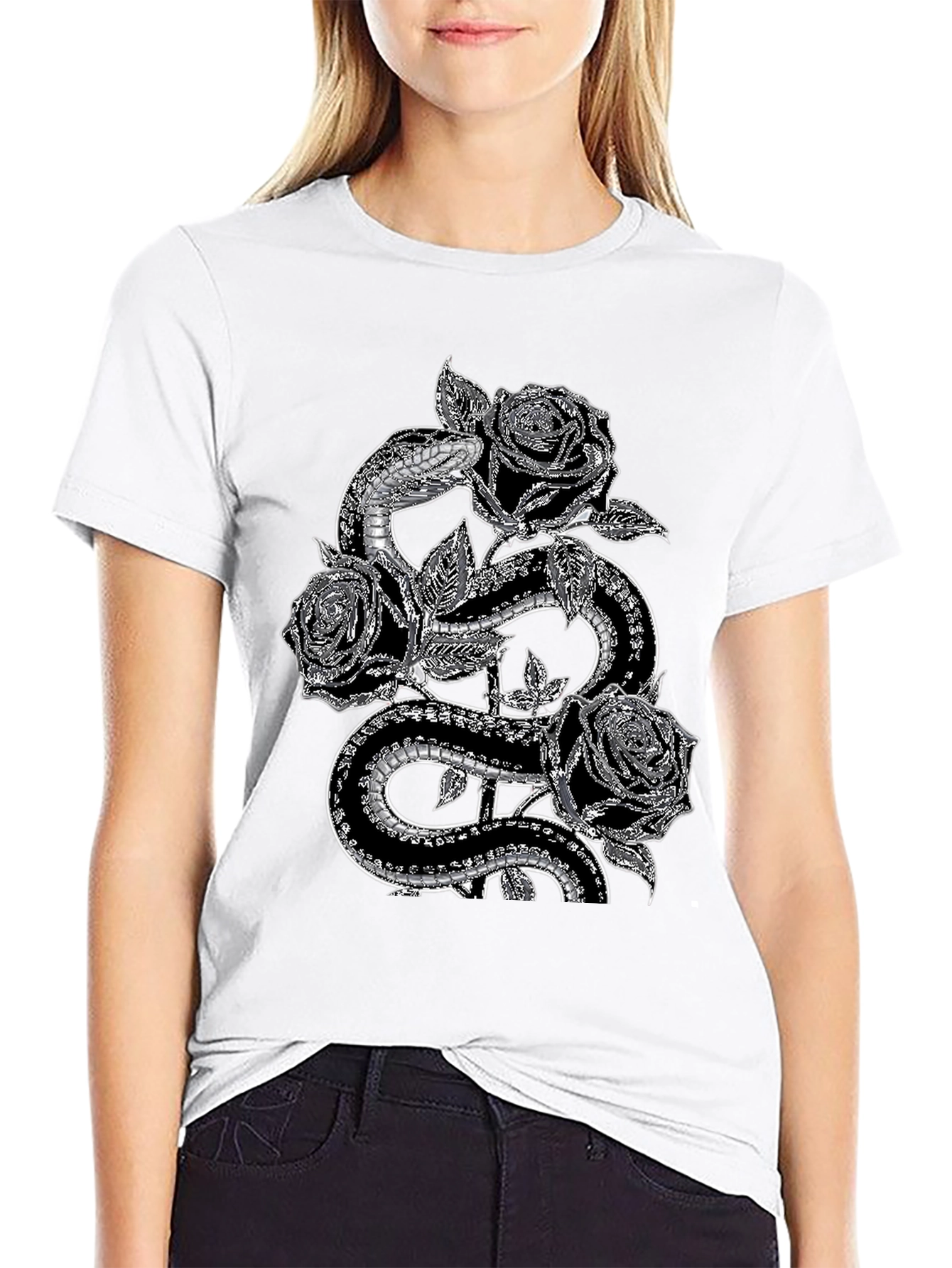 Snake & Roses Graphic Tee - Stylish Black T-Shirt