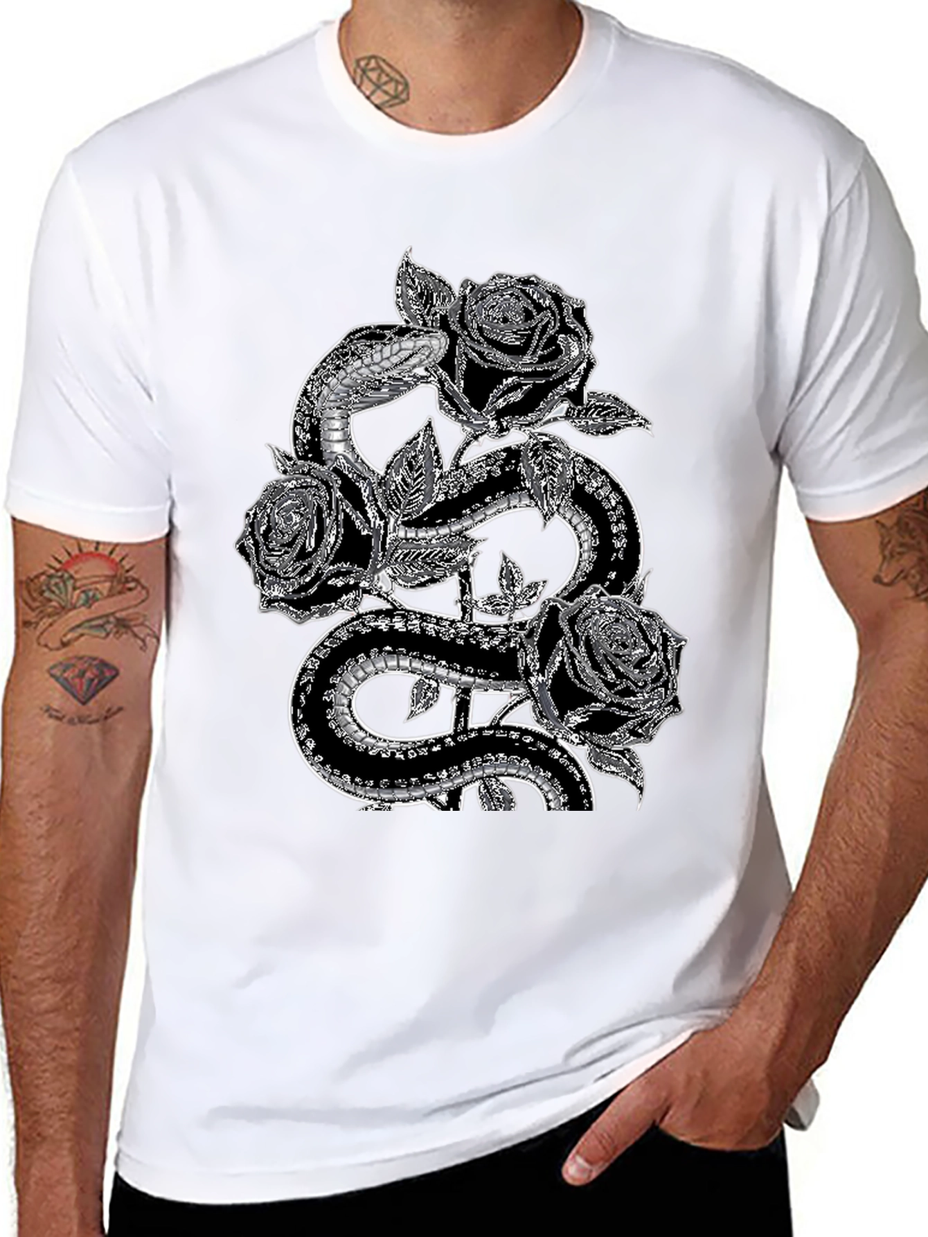 Snake & Roses Graphic Tee - Stylish Black T-Shirt