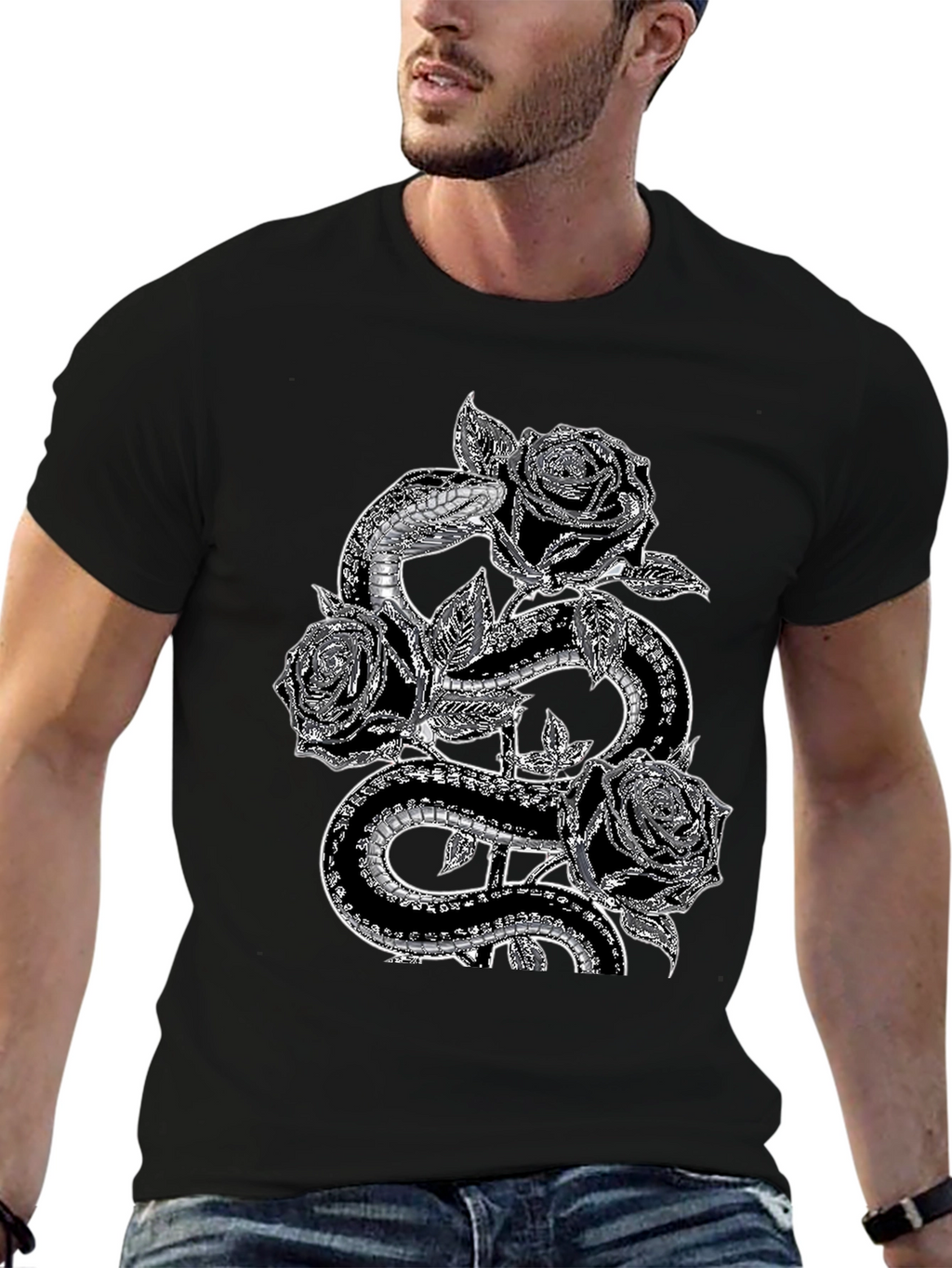 Snake & Roses Graphic Tee - Stylish Black T-Shirt