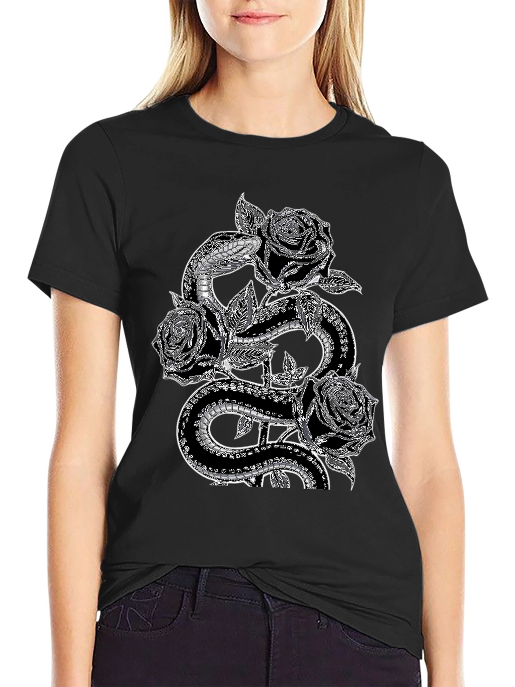 Snake & Roses Graphic Tee - Stylish Black T-Shirt
