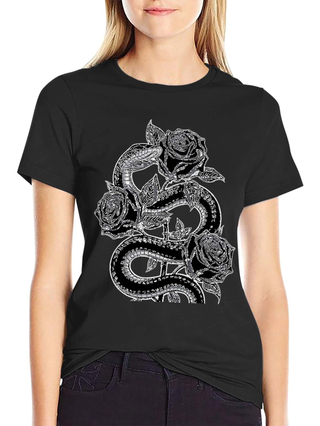 Snake & Roses Graphic Tee - Stylish Black T-Shirt