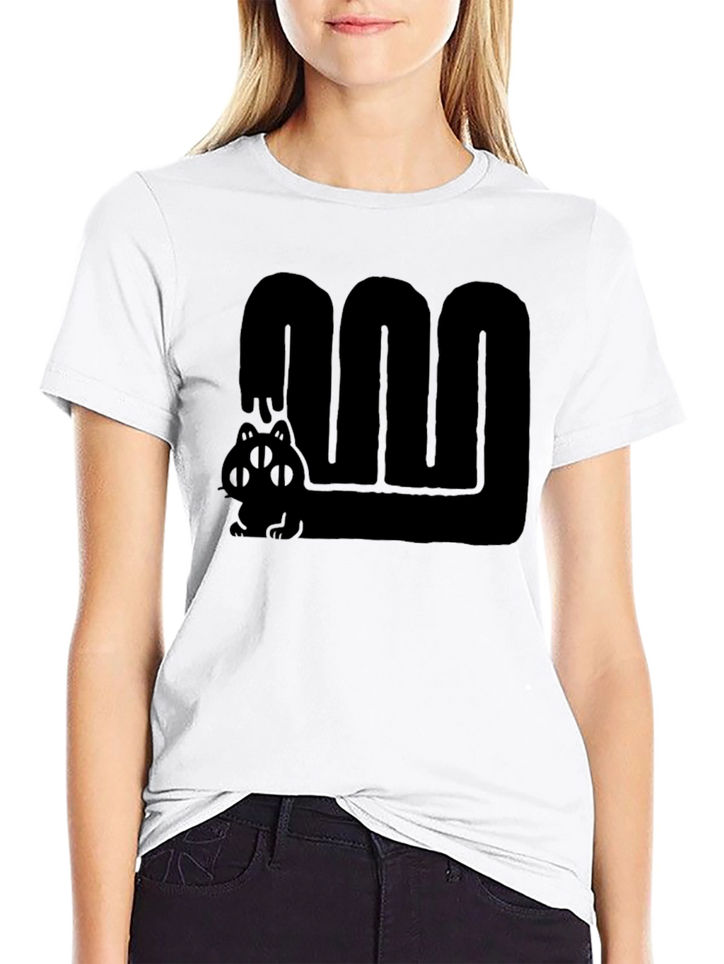 Black Graphic Tee - Cute Four Eyed Cat