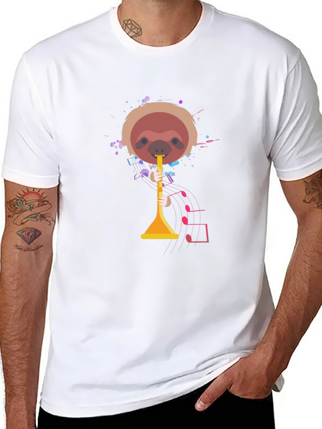 Sloth Trumpet Player Graphic Tee - Mens Black T-Shirt