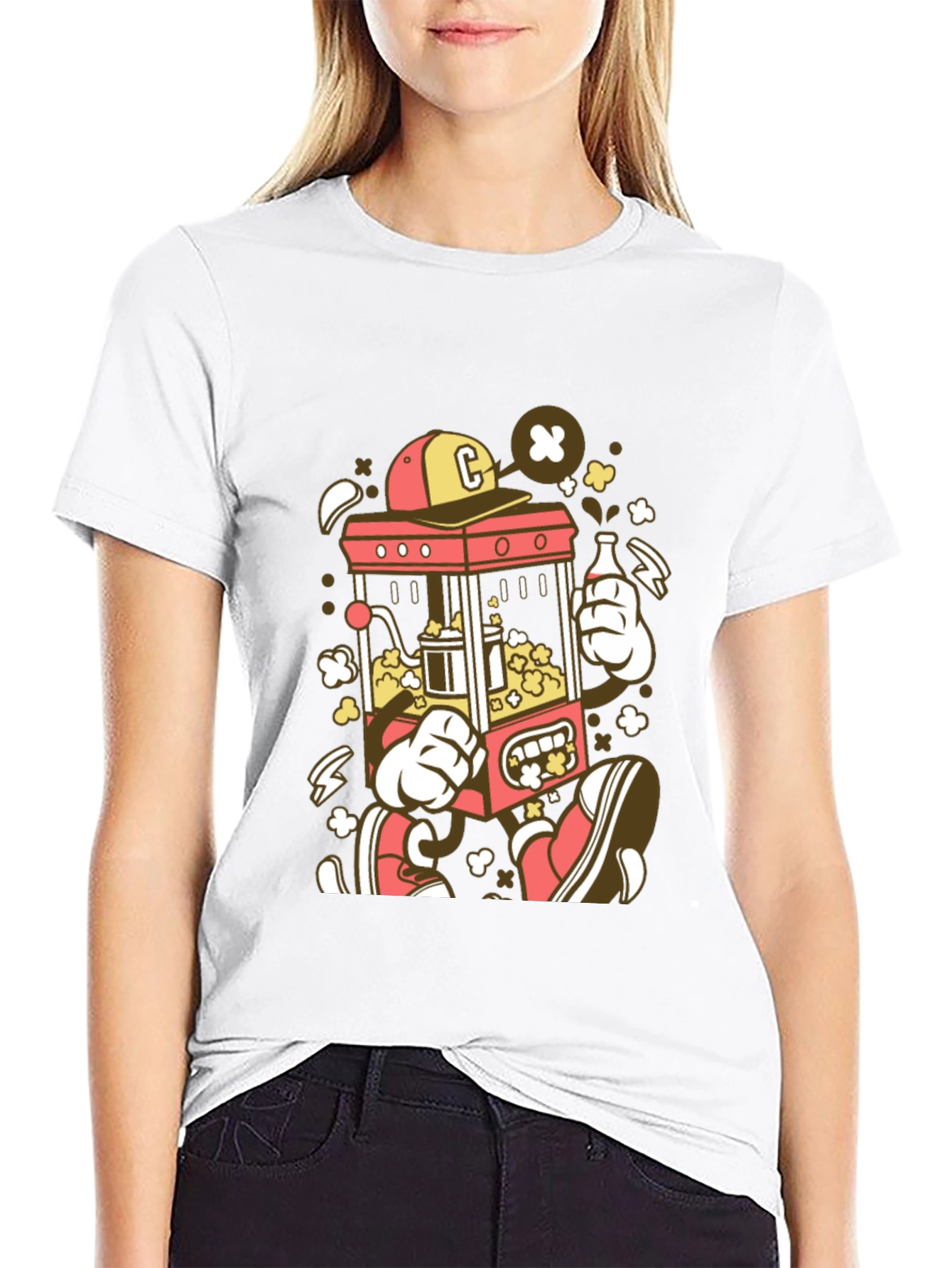 Cartoon Popcorn Machine Graphic T-Shirt
