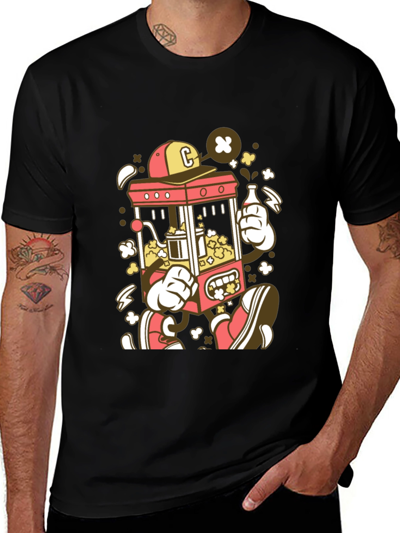 Cartoon Popcorn Machine Graphic T-Shirt