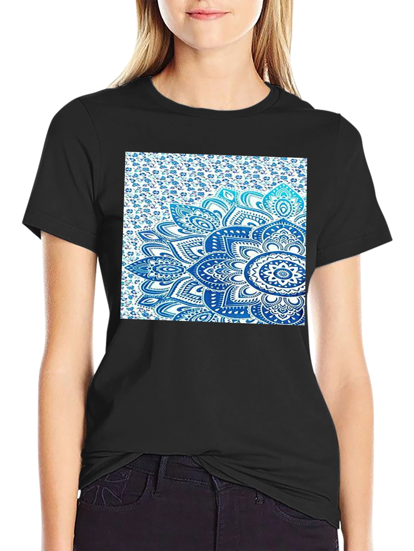 Mens Black Tee with Blue Mandala Print